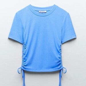 Zara Blue Cotton Ruched Drawstring Top